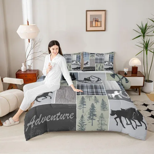 Miniatura 65 de Juego de edredón de oso y ciervo, tamaño individual, ropa de cama de animales salvajes de caza, colcha rústica de cabaña, casa de campo, cuadros