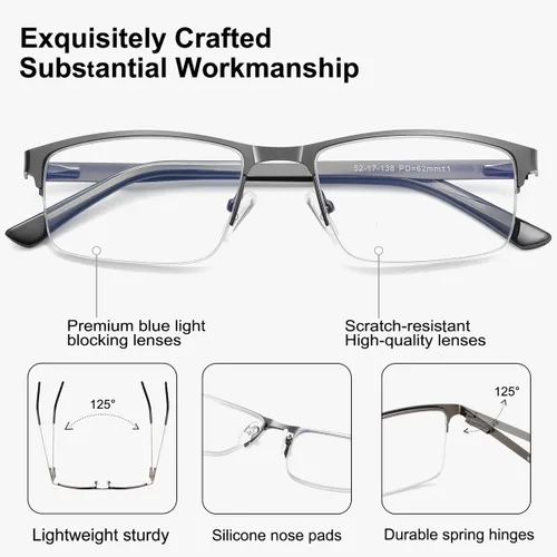 Miniatura 3 de EYECEDAR Paquete de 5 lentes de lectura para hombre, lentes de bloqueo de luz azul, gris plomizo, metal, medio marco, bisagras de resorte, lectores
