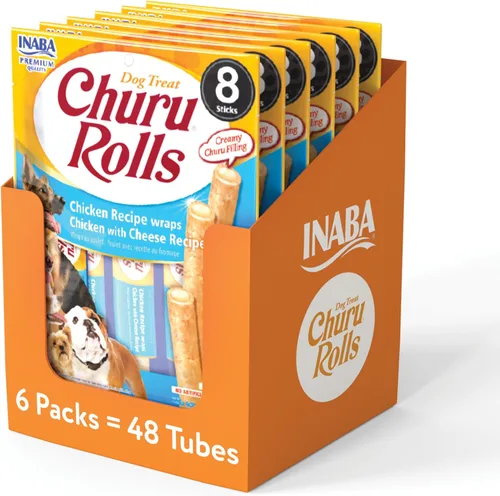 Miniatura 8 de INABA Churu Rollos para perros, golosinas suaves y masticables envueltas de pollo al horno, 0.42 onzas cada tubo, 48 tubos en total, receta de pollo