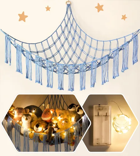 Miniatura 21 de RelaxScene Hamaca esquinera de animales de peluche con luz LED, hamaca de almacenamiento de juguetes, red de peluche grande, organizador colgante