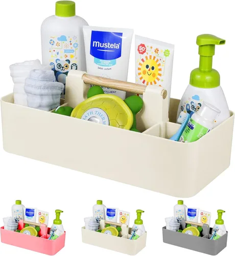 Organizador de plástico para baby shower, organizador portátil de almacenamiento para niños/niños, cesta dividida con mango de madera para baño,