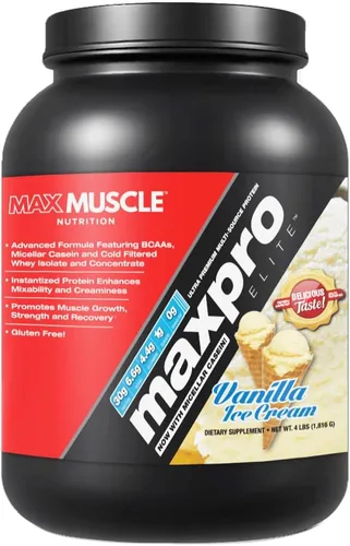 Miniatura 14 de Max Muscle Maxpro Elite - Proteína de suero en polvo, 1.06 oz de proteína, 0.00 oz de azúcar, 0.23 oz de BCAA Proteína aislada de suero filtrada