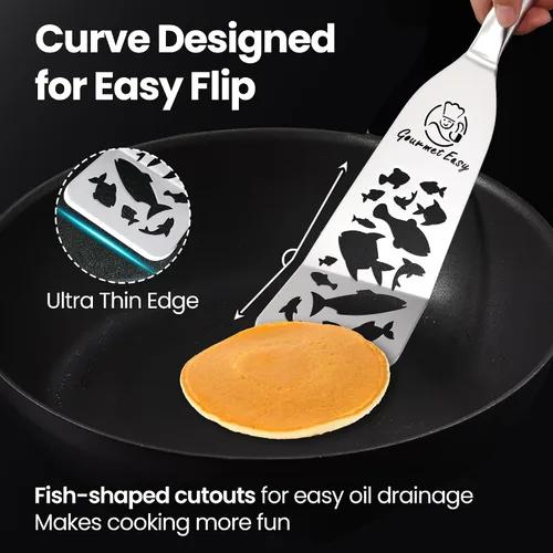 Miniatura 2 de Juego de espátulas de pescado de acero inoxidable – Edición Funky Fish, 1 espátula grande para pescado + 1 espátula pequeña de metal, borde