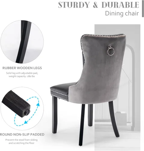 Miniatura 4 de SoarFlash Juego de 4 sillas de comedor de cuero, silla lateral con respaldo alto, silla lateral tapizada moderna con anillo de botones, patas
