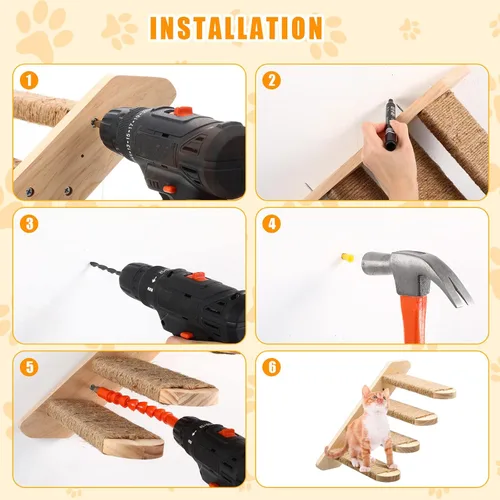 Miniatura 4 de Paquete de 2 estantes de escalada para gatos montados en la pared Escalera de madera para gatos Escalera de escalada para gatos de 4 escalones