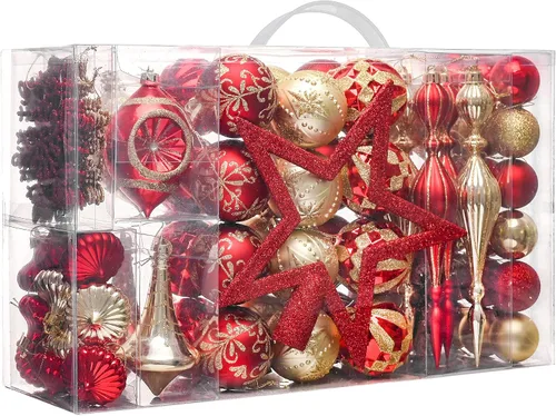 Valery Madelyn Adornos para árboles de Navidad, 100 unidades, color rojo y dorado, irrompibles, adornos de bola colgante de lujo a granel para