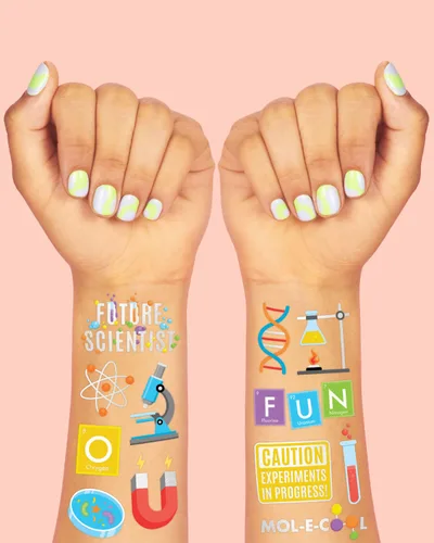 Miniatura 6 de xo, Fetti Tatuajes temporales de fiesta de ciencia - 62 estilos de lámina plateada Suministros para fiestas de cumpleaños de científicos locos