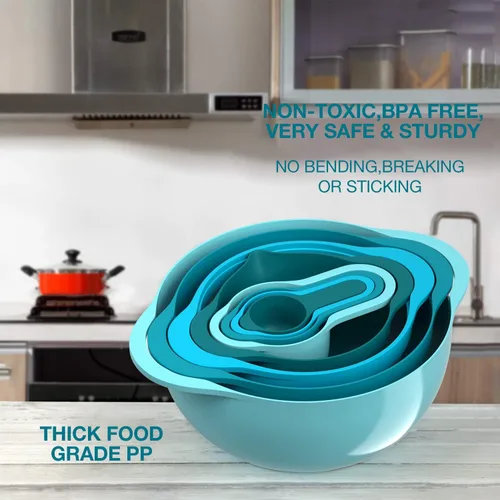 Miniatura 4 de Juego de 8 tazones de mezcla de plástico para anidar, accesorios de cocina para apartamentos que ahorran espacio, incluye tazas medidoras, colador