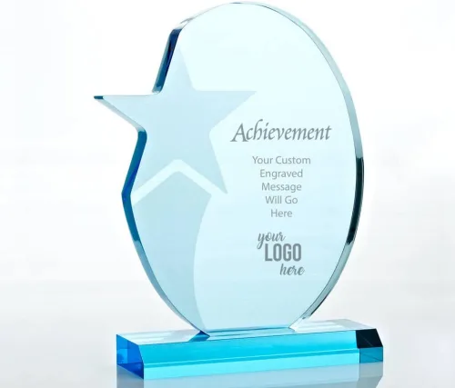 Miniatura 8 de Trofeo grabado - Acrílico azul cielo - Premio para empleados - Grabado personalizado de hasta tres líneas y selección de versos preescritos
