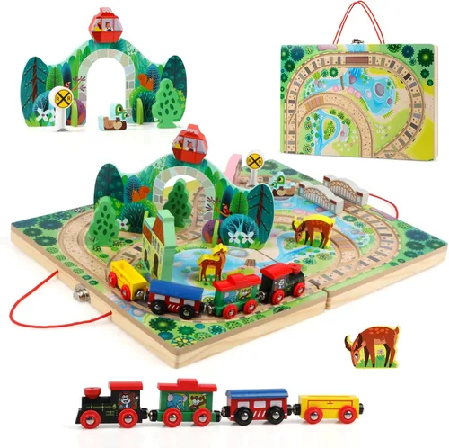 Juego de tren de 18 piezas para niños pequeños, ferrocarril de mesa de madera para niños a partir de 3 años, juguetes de tren portátiles y duraderos