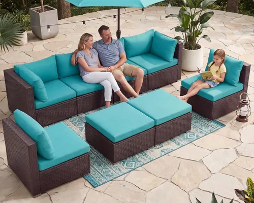 Miniatura 64 de NICESOUL Juego de muebles de patio para exteriores de 7 piezas con mesa para hoguera, gas natural y propano convertible, respaldo alto de 29.3