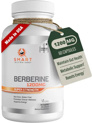 Smart Nutra Labs Berberina HCL prémium 1200 mg- 60 cápsulas veganas, suplemento de berberina 100% pura, sin OMG, sin gluten