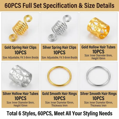 Miniatura 2 de 60 piezas de accesorios metálicos para el cabello de estilo surtido, anillos para puños, cuentas de bobina, botones de rastas, decoraciones