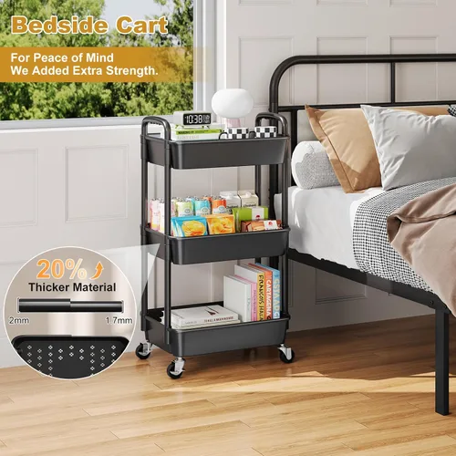 Miniatura 9 de Carrito rodante de 3 niveles con ruedas, carrito organizador de estantes de plástico negro de tres niveles con ruedas con cerradura, pequeño carrito