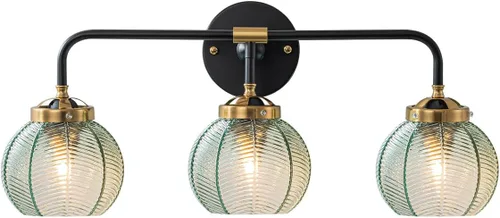Miniatura 17 de Lámparas de baño de mediados de siglo, aplique de pared de 2 luces con pantalla de vidrio con rayas verdes, luz de montaje en pared, luces modernas