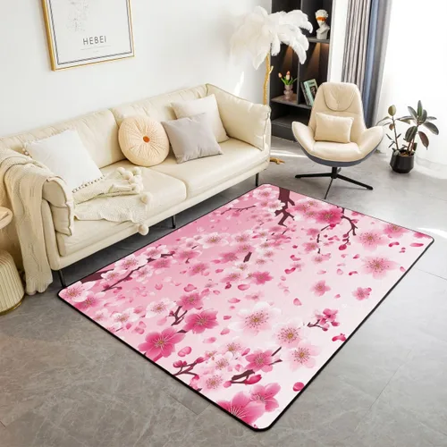 Alfombras para sala de estar, 3 x 5, estilo japonés, de flores de cerezo, de Sakura, alfombra decorativa rosa degradada para niños, niñas, niños y