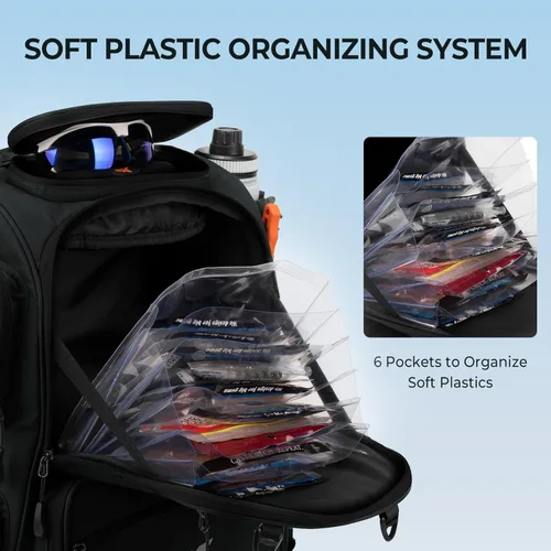 Miniatura 6 de KastKing Bait Boss Mochila de aparejos de pesca con soportes para caña, 4 cajas de aparejos, cubierta para lluvia, almacenamiento grande de 43 L E
