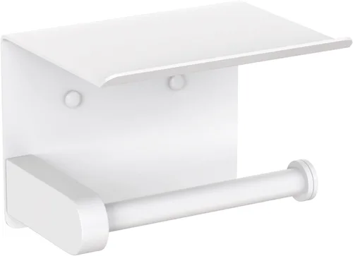 VAEHOLD Soporte de papel higiénico autoadhesivo con estante para teléfono, soporte de rollo de papel higiénico montado en la pared de acero Blanco