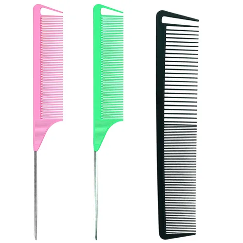 Miniatura 10 de Peine de cola de rata, peine de fibra de carbono, 3 piezas, trenzas de separación, peine de acero inoxidable, peine de peluquería para mujeres