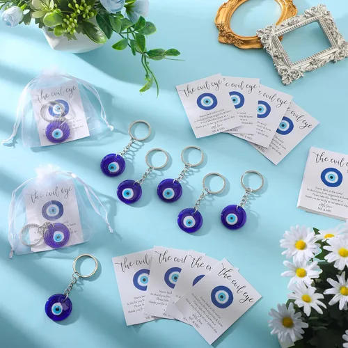 Miniatura 4 de Ferreve Juego de 25 regalos de boda para invitados, llavero azul de ojo malvado para buena suerte, tarjetas de deseos de boda, bolsas de organza