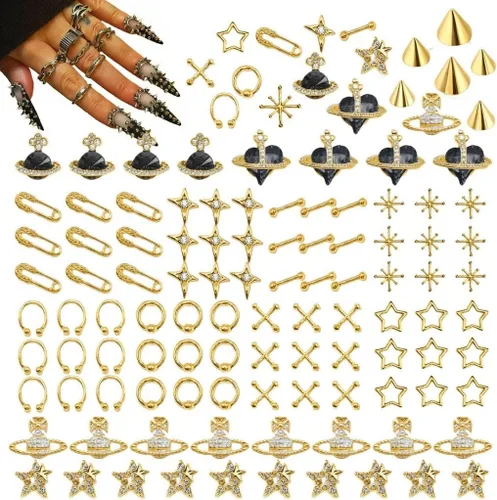Miniatura 10 de Juego de 115 dijes de uñas con lazo de mariposa 3D, joyería de diamantes de imitación de metal, accesorios de aleación brillante Y2K para diseño