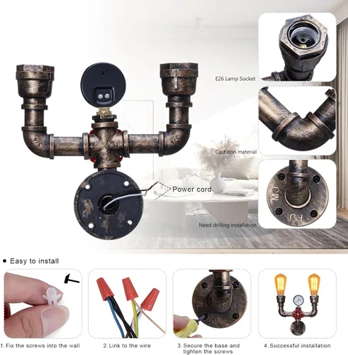 Miniatura 7 de XEYOU Lámpara de pared retro, estilo vintage industrial steampunk, 2 luces, estilo tubería de agua de metal, lámpara de montaje en pared, lámpara
