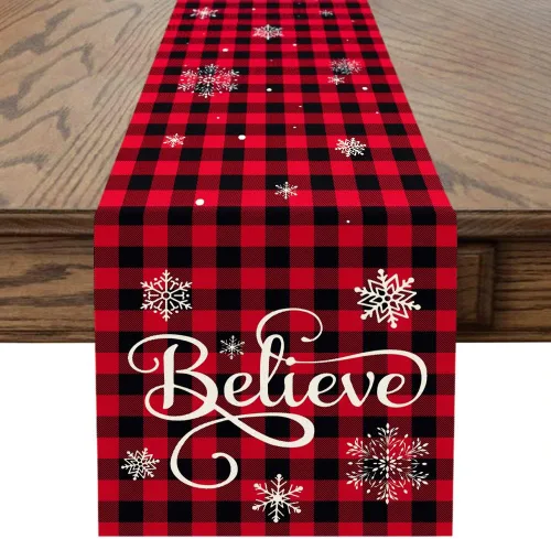 OTOSTAR Camino de mesa de lino navideño, diseño de copos de nieve a cuadros rojos y negros, camino de mesa para cocina, comedor, decoración para