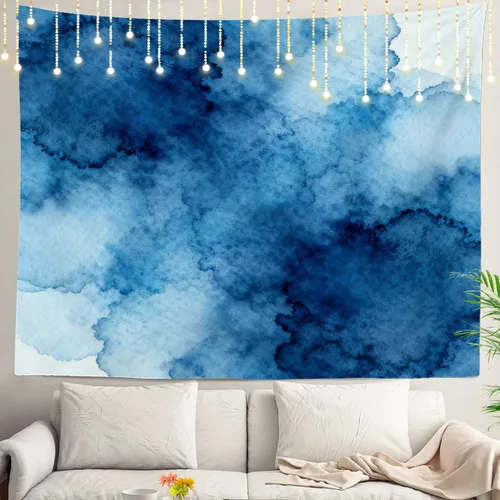 Miniatura 51 de Shrahala Tapiz de pared azul brillante, acuarela azul degradado para colgar en la pared, tapiz grande decorativo de fibra de poliéster, dobladillo