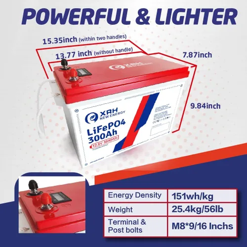 Miniatura 3 de XRH - Batería de litio LiFePO4 de pequeño volumen de 12 V 300 Ah, BMS integrado de 200 A, potencia máxima de 2560 W, 4000-15000 ciclos profundos