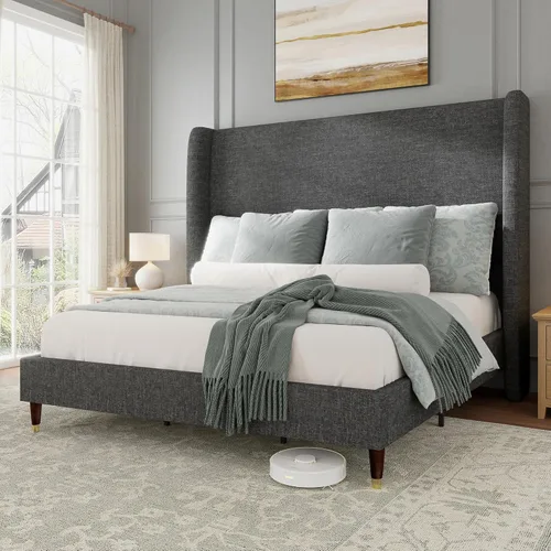 Miniatura 13 de Jocisland - Base de cama tapizada tamaño Queen con cabecera de ala alta de 51.2" con patas de madera maciza, no necesita cajón de resortes