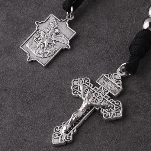 Miniatura 45 de Rosario de bolsillo estilo abierto una década de acero inoxidable rosario católico con crucifijo medalla de San Benito con bolsa de regalo