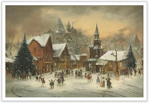 Miniatura 8 de Huabsad Lienzo vintage de Navidad con diseño de casa de campo, arte de pared, estilo retro, nieve, invierno, pueblo, paisaje, famoso, pintura al