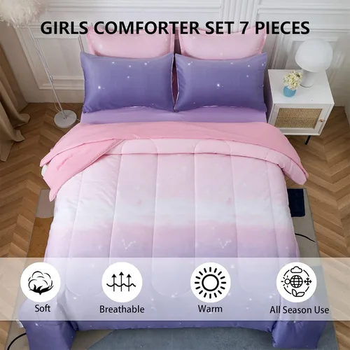 Miniatura 85 de Dinjoy Juego de edredón para niñas, tamaño individual, colorido, azul, rosa, morado, arcoíris, juego de ropa de cama de 6 piezas en una bolsa