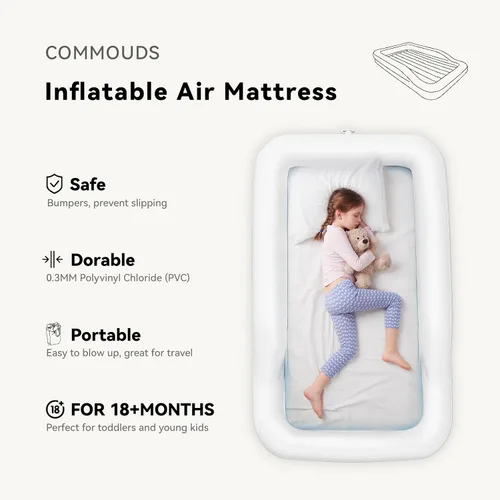 Miniatura 3 de COMMOUDS Cama de viaje portátil para niños pequeños con protectores de seguridad, colchón de aire inflable para niños con bomba eléctrica, colchón