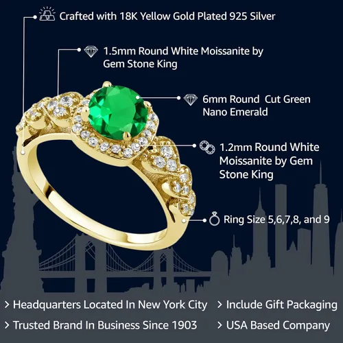 Miniatura 2 de Gem Stone King Anillo de compromiso chapado en oro amarillo de 18 quilates con esmeralda simulada para mujer