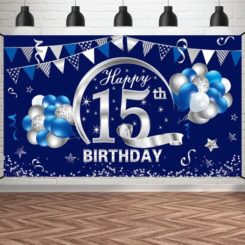 Cartel de cumpleaños número 15 azul y plateado para niños, suministros de fiesta de fondo de cumpleaños de 15 años, póster de quince cumpleaños,