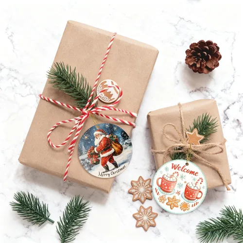 Miniatura 7 de Juego de 6 adornos colgantes de Navidad, adornos de Papá Noel de 3.4 pulgadas, adornos colgantes de cerámica para decoración del árbol de Navidad