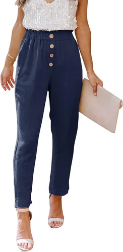 NIMIN Pantalones sueltos casuales para mujer, cómodos, de trabajo, recortados con bolsillos, elásticos, de cintura alta, estilo paper bag