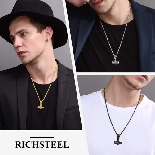 Miniatura 2 de Richsteel Necklaces for Men Womens Thor's Hammer Pendant Mjolnir 316 Stainless Steel18K Gold PlatedBlack Viking Nordic Jewelry