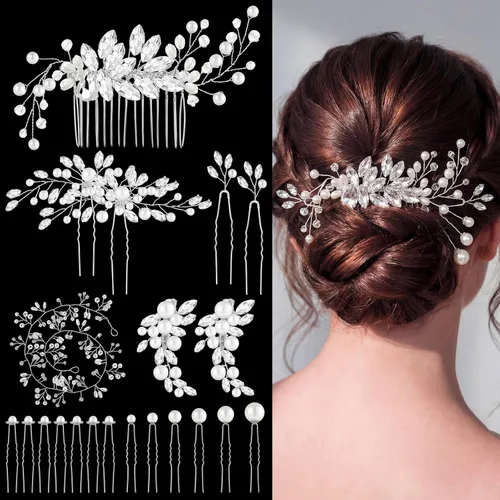 Miniatura 4 de Maitys 44 piezas de accesorios para el cabello de boda, clips de peine de cristal de perlas sintéticas, diamantes de imitación de flores