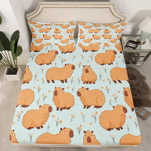 Miniatura 11 de jejeloiu Capybaras - Juego de sábanas de tamaño individual para amantes de los animales, para niños y niñas, lindas sábanas decorativas de Capybara