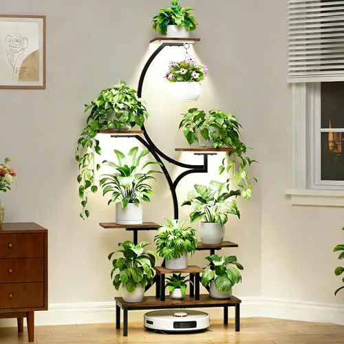 Soporte para plantas de interior con luces de crecimiento, estante para plantas de interior de 7 niveles con base elevada y gancho para colgar,