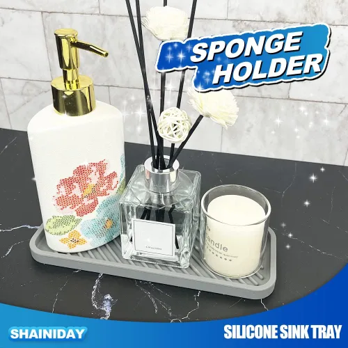 Miniatura 3 de 1 soporte de esponja de silicona, bandeja para fregadero de cocina, baño, ducha, jabonera, dispensador organizador de cepillos para botellas (gris)