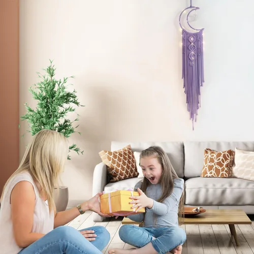 Miniatura 9 de Colgante de pared tejido de macramé bohemio para niña, atrapasueños de luna creciente y estrella de ganchillo con luz, algodón morado, hecho a mano