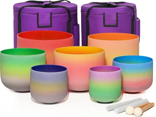 Miniatura 9 de 440HZ Juego de 7 PCS Cuencos Cantores de Cristal de Cuarzo Esmerilado de Color de 6"-12" Curación de Sonido con Mazo de Cuenco de Sonido Palillo