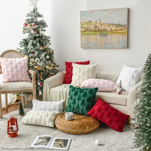 Miniatura 6 de AVOIN colorlife Juego de 2 fundas de almohada beige con árbol de Navidad, 16 x 16 pulgadas, felpa suave, piel sintética, jacquard, festivales