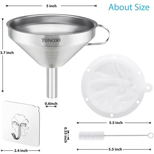 Miniatura 2 de Embudo de acero inoxidable de 5 pulgadas con colador y filtro de malla fina de 200, embudo de metal de grado alimenticio, filtro de aceite