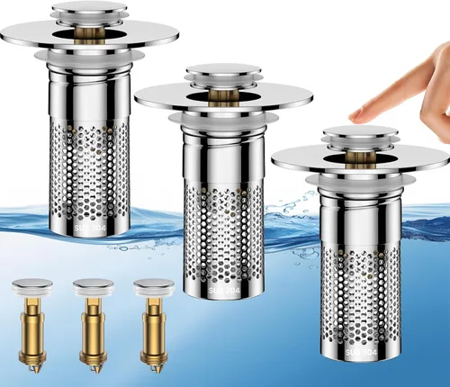 Miniatura 11 de Colador de drenaje para fregadero de baño, tapón universal emergente para fregadero atrapapelos, cesta de filtro de drenaje de acero inoxidable