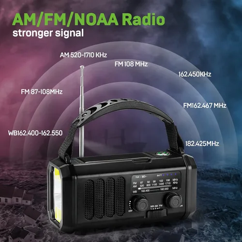 Miniatura 4 de Radio de emergencia con manivela de 10000 mAh, radio meteorológica NOAA con radio AM/FM y solar, batería recargable, linterna y luz de lectura