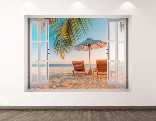 Calcomanía de pared con vista a la playa, decoración 3D para ventana, diseño de océano, mural para habitación de los niños, regalo personalizado